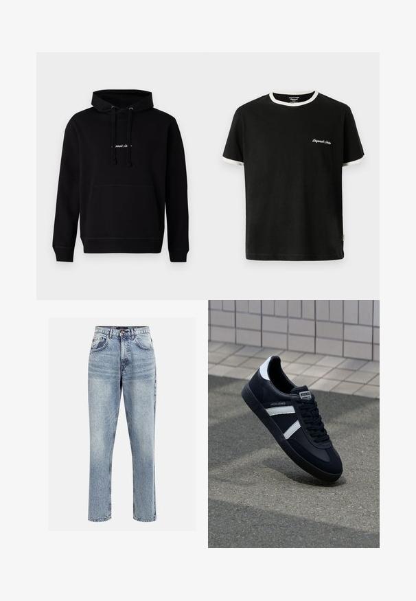 Zwarte hoodie van katoen met een voorzak, trekkoord capuchon en een klein geborduurd logo op de borst. Klassieke pasvorm met geribde boorden.; Jack & Jones T- - T-shirt basic - black; Lichtblauwe denim hoge taille jeans met een rechte pijp, vijf zakken en een knoopsluiting. Heeft subtiele vervaging en stikseldetails.; Zwarte leren sneaker met witte strepen, een gestructureerde rubberen zool en vetersluiting aan de voorkant. Voorzien van een merklabel op de tong.