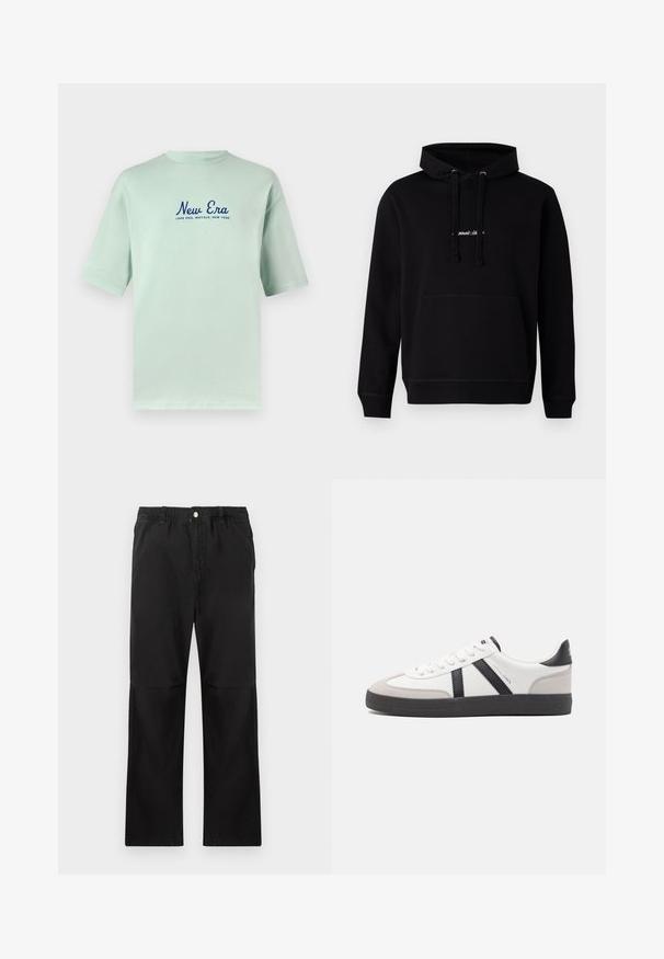Zwarte hoodie van katoen met een voorzak, trekkoord capuchon en een klein geborduurd logo op de borst. Klassieke pasvorm met geribde boorden.; Mintgroene katoenen t-shirt met korte mouwen, met bovenaan de navyblauwe tekst "New Era" en daaronder de tekst "Lake Erie, Buffalo, New York" gedrukt.; Zwarte katoenen broek met een elastische tailleband, voorzien van een recht model, een gladde textuur en zonder zichtbare accenten of patronen.; Witte sneaker met zwarte en grijze accenten, voorzien van een grijze neus met textuur, zwarte rubberen zool en platte witte veters. Schoon ontwerp, minimalistische stijl.