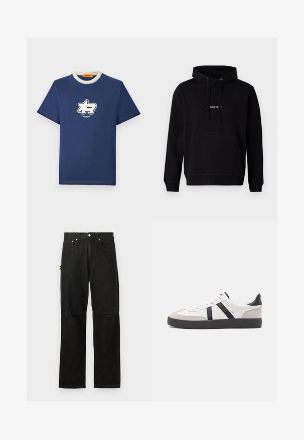 Sort hoodie lavet af bomuld med en frontlomme, hætte med snoretræk og et lille broderet logo på brystet. Klassisk pasform med ribbede manchetter.; Mørkeblå bomulds t-shirt med en kontrastfarvet cremefarvet krave, der har et stort hvidt logo på brystet med brandnavnet under.; Sorte denimbukser med lige ben design, med forlommer, knappelukning og minimal hardware for et rent look.; Hvide sneakers med sorte og grå detaljer, med en tekstureret grå tåhætte, sort gummisål og flade hvide snørebånd. Rent design, minimalistisk stil.