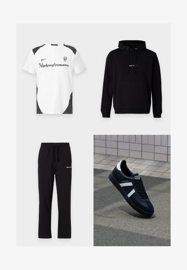 Schwarzer Hoodie aus Baumwolle mit einer Fronttasche, Kapuze mit Kordelzug und einem kleinen gestickten Logo auf der Brust. Klassische Passform mit gerippten Bündchen.; Weißes Kurzarm-T-Shirt mit schwarzen Akzenten. Verfügt über das Logo "REPLAY FC" und den Text "Highperformance" in einer sportlichen Schriftart. Hergestellt aus einem glatten Material.; Schwarze Jogginghose mit elastischem Bund und verstellbarem Kordelzug. Mit gesticktem Logo am Oberschenkel und geradem Bein-Design.; Schwarze Leder-Sneaker mit weißen Streifen, strukturiertem Gummisohle und Schnürung. Verfügt über ein Markenetikett auf der Zunge.