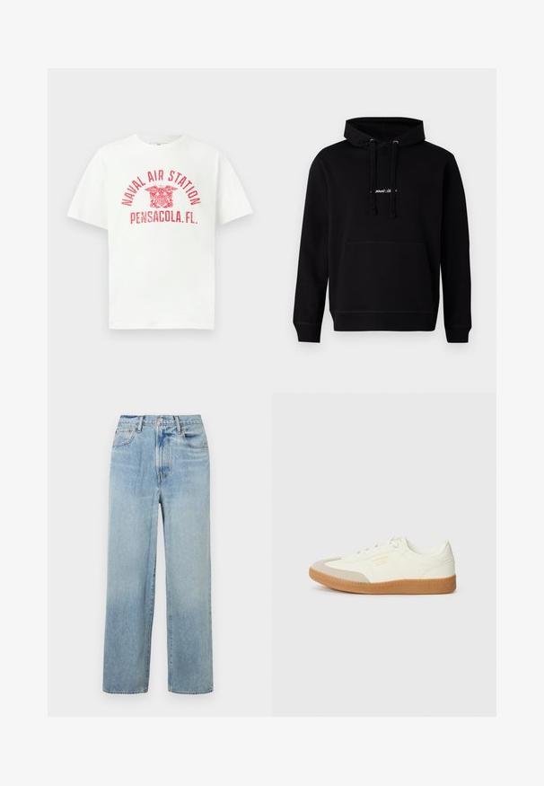 Sort hoodie lavet af bomuld med en frontlomme, hætte med snoretræk og et lille broderet logo på brystet. Klassisk pasform med ribbede manchetter.; Hvid T-shirt med korte ærmer med rød tekst "NAVAL AIR STATION PENSACOLA, FL." og et ørneemblem i midten foran.; Lys blå, lige ben denim jeans med høj talje, der har fem lommer og subtil fading. Rå kant og kontrasterende syninger.; Sneaker lavet af hvid læder med en beige tåhætte og let brunt gummisål. Har flade hvide snørebånd og prægede branding på siden.