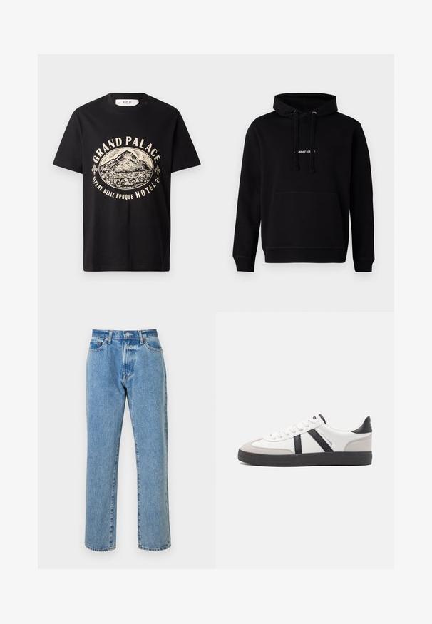 Zwarte hoodie van katoen met een voorzak, trekkoord capuchon en een klein geborduurd logo op de borst. Klassieke pasvorm met geribde boorden.; Zwart katoenen t-shirt met een beige grafische print van een berg en de tekst "Grand Palace Replay Belle Epoque Hotel." Eenvoudig ontwerp met ronde hals.; Lichtblauwe denim jeans met een rechte pijp, voorzien van vijf zakken, een ritsgulp en koperen hardware accenten. Versleten details overal.; Witte sneaker met zwarte en grijze accenten, voorzien van een grijze neus met textuur, zwarte rubberen zool en platte witte veters. Schoon ontwerp, minimalistische stijl.