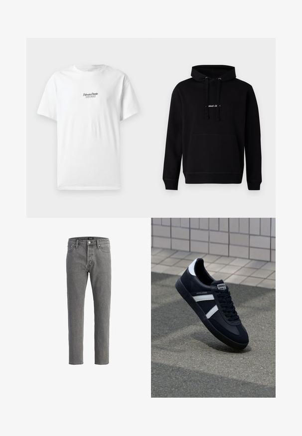 Schwarzer Hoodie aus Baumwolle mit einer Fronttasche, Kapuze mit Kordelzug und einem kleinen gestickten Logo auf der Brust. Klassische Passform mit gerippten Bündchen.; Weißes Baumwoll-T-Shirt mit kurzen Ärmeln, das auf der Vorderseite den Text "Palmiera Pantó" und "VENICE BEACH" in schwarzer Schrift zeigt.; Graue Jeans aus Denim mit geradem Schnitt, fünf Taschen und Metallknopfverschluss. Der Stoff hat eine weiche, strukturierte Oberfläche.; Schwarze Leder-Sneaker mit weißen Streifen, strukturiertem Gummisohle und Schnürung. Verfügt über ein Markenetikett auf der Zunge.