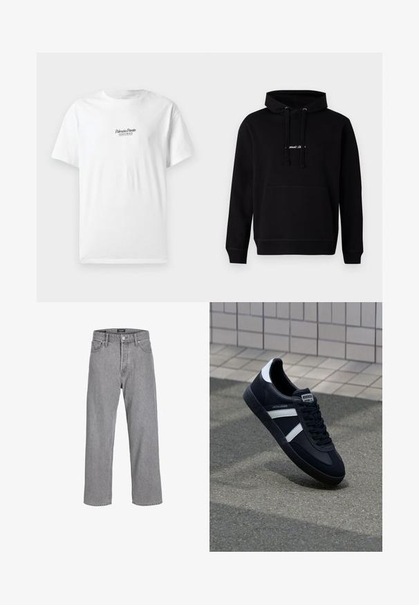 Zwarte hoodie van katoen met een voorzak, trekkoord capuchon en een klein geborduurd logo op de borst. Klassieke pasvorm met geribde boorden.; Witte katoenen T-shirt met korte mouwen, voorzien van de tekst "Palmiera Pantó" en "VENICE BEACH" in zwarte letters op de voorkant.; Grijze denim broek met een ontspannen, losse pasvorm. Beschikt over een traditionele vijf-pocket ontwerp en een knoopsluiting bij de tailleband.; Zwarte leren sneaker met witte strepen, een gestructureerde rubberen zool en vetersluiting aan de voorkant. Voorzien van een merklabel op de tong.