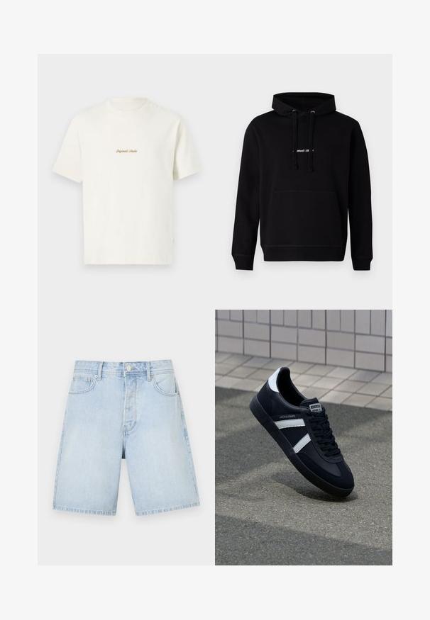 Sort hoodie lavet af bomuld med en frontlomme, hætte med snoretræk og et lille broderet logo på brystet. Klassisk pasform med ribbede manchetter.; Cremefarvet bomulds T-shirt med korte ærmer, rund hals og broderet "Original Studio" logo i guld på brystet. Blød tekstur.; Lyseblå denimshorts med lige snit, der har forlommer, knaplukning og afslappet syning. Glat tekstur uden mønstre.; Sort lædersneaker med hvide striber, tekstureret gummisål og snørrebånd foran. Har et brandet mærke på tungen.
