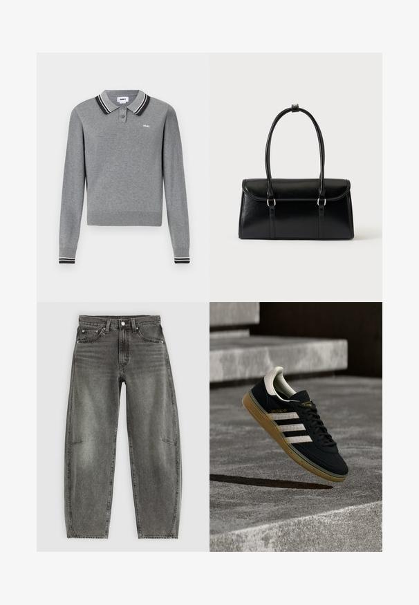 Polo gris à manches longues avec col et poignets rayés noir et blanc, deux boutons et petit logo "obey" sur la poitrine.; Jeans en denim gris délavé taille haute avec cinq poches, fermeture à bouton et coupe droite relaxée.; Baskets en daim noir avec des rayures blanches et un logo doré, dotées d'une semelle en caoutchouc gomme texturée et d'un languette de talon crème contrastante.; Sac à main rectangulaire en cuir noir avec fermeture à rabat et deux longues anses sur fond blanc uni.