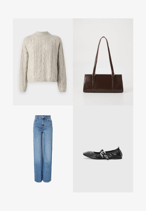 Pull en maille torsadée crème avec un col montant, des manches longues et un ourlet côtelé. Présente des motifs texturés et une coupe légèrement ample.; Jean en denim bleu, taille haute, coupe droite, avec fermeture à boutons et zip à l'avant, passants pour ceinture et poches avant et arrière.; Chaussure plate en cuir noir avec un nez pointu, des détails froncés autour de l'ouverture et un accent en boucle argentée sur la bride ajustable.; Sac à main en cuir verni marron de forme rectangulaire, avec deux longues poignées et des accents courbés subtils à l'avant.