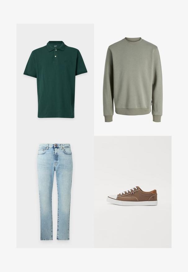 Sweatshirt vert olive à manches longues avec col rond, poignets et ourlet côtelés, design uni, présenté sur fond blanc.; Polo vert foncé à manches courtes avec col, deux boutons et petit logo GAP sur la poitrine gauche, posé à plat sur un fond blanc.; Jeans en denim bleu clair à coupe droite, avec un design à cinq poches et une fermeture à bouton en laiton. Présente un délavage subtil et des détails de couture.; Baskets en toile brunes avec lacets blancs, embout en caoutchouc et accents contrastants beige sur le talon, présentant un petit emblème tricolore.