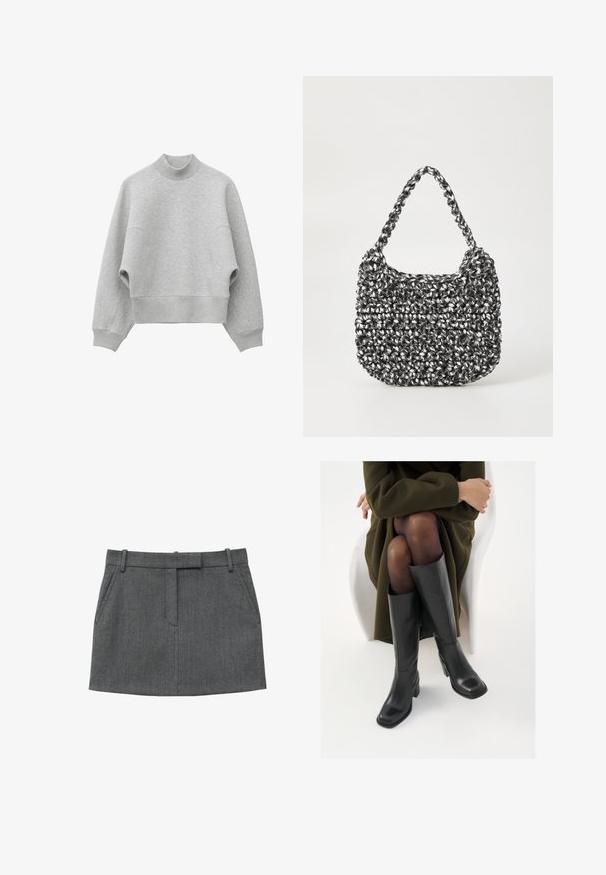 Sweat-shirt gris clair à manches longues avec un col côtelé haut, des poignets côtelés et un large ourlet côtelé, présenté sur un fond blanc.; Mini-jupe en laine gris foncé avec passants de ceinture, deux poches latérales et fermeture éclair à l'avant.; Bottes en cuir noires arrivant au genou, avec un bout carré et un talon carré, présentées sur un modèle assis dans un manteau vert olive. Texture lisse, détails minimaux.; Sac en osier noir et blanc de forme arrondie, avec une surface texturée et une poignée tressée. Convient à un usage décontracté.