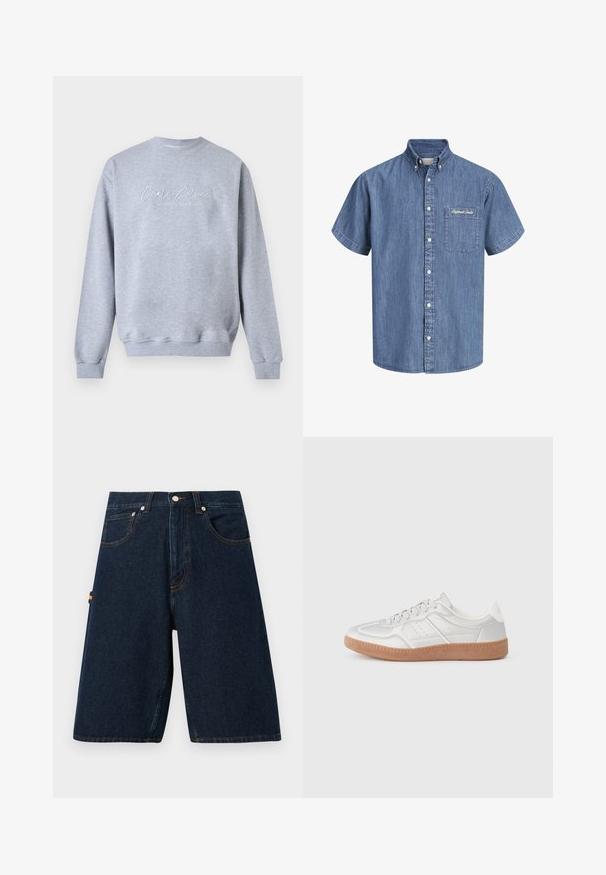 Sweat-shirt gris clair à col rond avec manches longues et texte blanc en script « Carlo Colucci » avec un sous-titre plus petit « A Legacy Since 1978 » à l'avant.; Chemise en denim bleu à manches courtes, boutonnée, avec une poche avant du côté gauche ornée d'un texte brodé en blanc.; Shorts en denim foncé avec une coupe ample, design à cinq poches et coutures orange contrastantes. Présente une fermeture classique à bouton et à glissière.; Baskets argentées avec une texture lisse, un design à lacets, des accents perforés et une semelle en caoutchouc marron texturé.