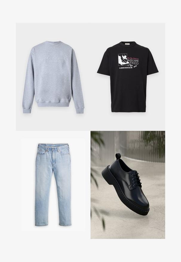 Sudadera gris claro con cuello redondo, mangas largas y texto en escritura blanca "Carlo Colucci" con un subtítulo más pequeño "A Legacy Since 1978" en el frente.; Camiseta negra con gráfico de un músico de jazz tocando la trompeta y texto "Jazz Café Fred Amsterdam City" en blanco y rosa.; Jeans de mezclilla azul claro con un diseño de pierna recta, estilo de cinco bolsillos y costuras en contraste. Cierre de botón y cremallera en la cintura.; Zapato de piel negra con punta redondeada, diseño con cordones y suela de goma gruesa con un borde texturizado. Acabado elegante y hardware minimalista.