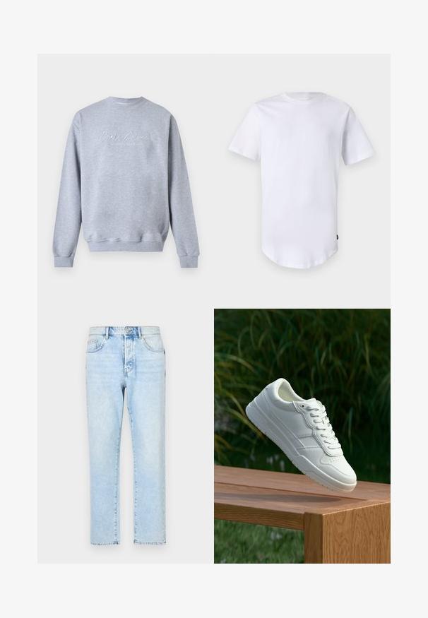 Lichtgrijze crewneck-trui met lange mouwen en witte schrifttekst "Carlo Colucci" en een kleinere ondertitel "A Legacy Since 1978" aan de voorkant.; Witte katoenen t-shirt met korte mouwen. Rond de hals ontwerp met een gebogen zoom. Label zichtbaar aan de onderste linkerzijde. Gladde textuur.; Lichtblauwe spijkerbroek met een recht pijpdesign, vervaagde textuur en traditionele vijf-vakken stijl. Voorzijde met ritssluiting en knoopsluiting.; Witte leren sneaker met een gladde textuur, voorzien van een geperforeerd ontwerp, klassieke vetersluiting en rubberen zool, gepositioneerd boven een houten oppervlak.