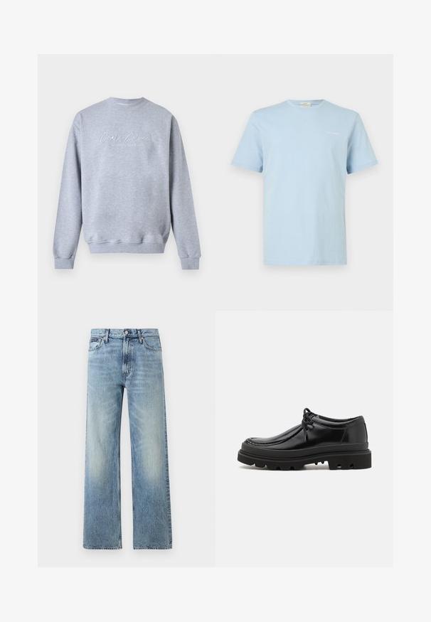 Lichtgrijze crewneck-trui met lange mouwen en witte schrifttekst "Carlo Colucci" en een kleinere ondertitel "A Legacy Since 1978" aan de voorkant.; Lichtblauw T-shirt met korte mouwen en ronde hals, met een klein wit "Calvin Klein" logo op de linkerborst.; Lichtblauwe denim jeans met rechte pijpen, een hoge taille, vijf zakken, knoopsluiting en subtiele vervaging op de dijen en knieën.; Zwarte leren derby schoenen met een strak ontwerp, ronde neus en een getextureerde rubberen zool met diepe groeven voor grip.
