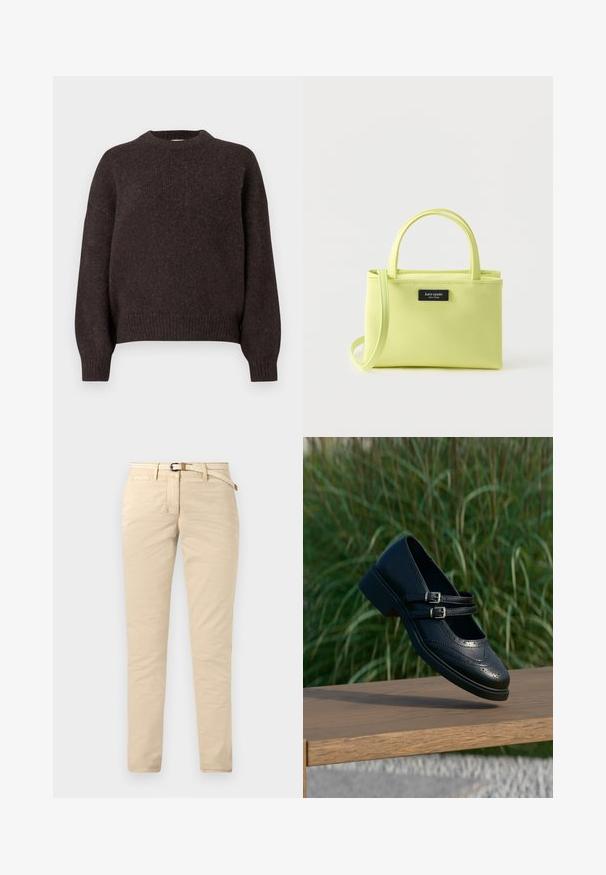 Mørkebrun langærmet sweater lavet af tekstureret strikstof med rund hals og ribbede manchetter og kant.; Beige chinos lavet af bomuld med en glat tekstur, der har et vævet bælte og standardlommer. Slim fit med lige ben.; Sort læder Mary Jane-sko med dobbelte spænder og brogue-detaljer, der svæver over en træbænk med grøn græsbaggrund.; Lille rektangulær lysegrøn håndtaske med to håndtag og aftagelig skulderrem mod en ensfarvet baggrund.