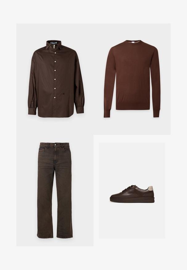 Pull marron à manches longues avec col rond, poignets et ourlet côtelés, présenté sur un fond clair uni.; Chemise longue à manches marron en tissu lisse avec un col classique, fermeture à boutons sur le devant et poignets élastiqués ; présente un détail logo subtil.; Jean marron foncé droit avec poches avant, passants de ceinture et fermeture à boutons sur fond uni.; Baskets en cuir marron foncé à profil bas avec une semelle rainurée et une languette beige clair au talon, vues de côté sur fond blanc.