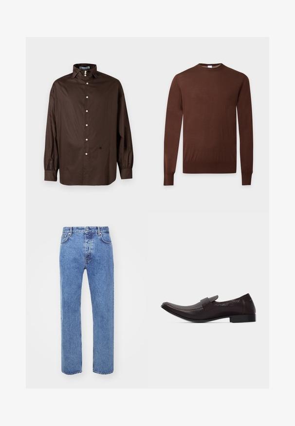Pull marron à manches longues avec col rond, poignets et ourlet côtelés, présenté sur un fond clair uni.; Chemise longue à manches marron en tissu lisse avec un col classique, fermeture à boutons sur le devant et poignets élastiqués ; présente un détail logo subtil.; Won Hundred STEVE - Jean boyfriend - cut blue; Mocassin pour homme en cuir brun foncé avec un talon bas, un bout carré arrondi et une bride sur le cou-de-pied, présenté en profil latéral.