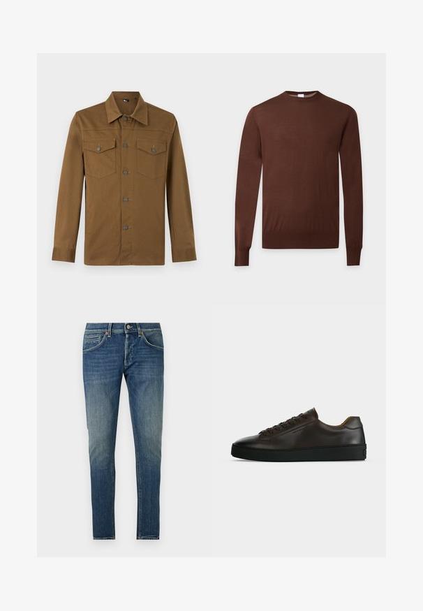 Pull marron à manches longues avec col rond, poignets et ourlet côtelés, présenté sur un fond clair uni.; Chemise marron à manches longues avec col pointu et deux poches poitrine boutonnées, présentée sur fond clair uni.; Jean slim en denim bleu avec cuisses délavées, fermeture avant par bouton et zip, poches avant et arrière, présenté sur fond blanc.; Baskets basses en cuir marron foncé avec semelle en caoutchouc noire, lacets à l'avant et design minimaliste épuré sur fond clair.