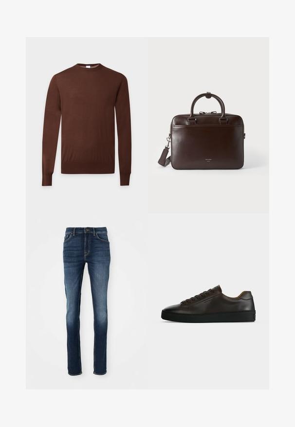 Bruine trui met lange mouwen en ronde hals, met geribde boorden en zoom, afgebeeld tegen een effen lichte achtergrond.; Donkerblauwe denim jeans met een slim fit, voorzien van vijf zakken, gouden stiksels en een licht vervaagde voorkant voor een casual uitstraling.; Low-profile donkerbruine leren sneaker met zwarte rubberen zool, veters aan de voorkant en een strak minimalistisch design op een lichte achtergrond.; Donkerbruine leren aktetas met twee handvatten, een afneembare schouderriem en een klein voorlogo op een effen achtergrond.