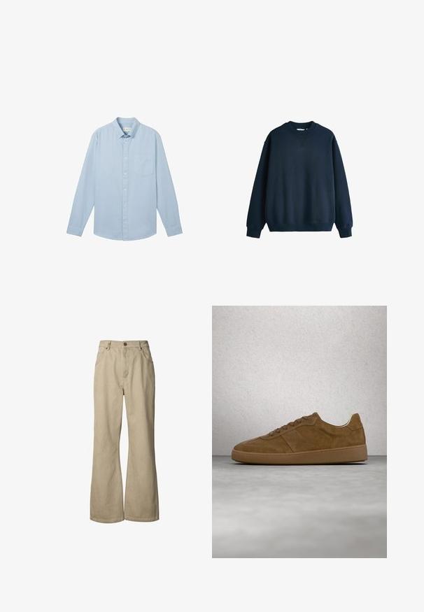 Marineblå langærmet sweatshirt med rund hals med ribstrikkede manchetter, kant og krave, vist på en hvid baggrund.; Lyseblå langærmet skjorte lavet af stof med et struktureret mønster, med en button-down krave og en enkelt brystlomme.; Beige vidde bukser med frontknap og lynlås, bæltestropper og forlommer, vist mod en hvid baggrund.; Brun ruskindsneaker med tanfarvede snørebånd og gummisål. Har en rundet snude og synlige stikninger på overdelen. Letvægtsdesign.
