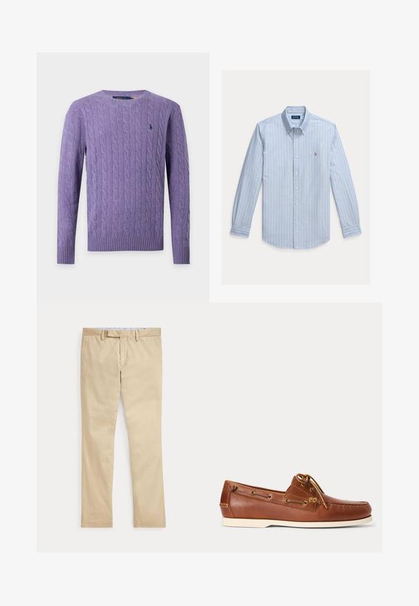 Lila langärmliger Strickpullover mit Rundhalsausschnitt und kleinem gesticktem Logo auf der linken Brust.; Hellblaues Langarm-Hemd mit weißen vertikalen Streifen und einem kleinen gestickten Polo Ralph Lauren Logo auf der Brust.; Beige gerade Hose mit Gürtelschlaufen und einem vorderen Reißverschluss, flach auf weißem Hintergrund gelegt.; Brauner Leder-Bootsschuh mit weißer Sohle, oben geschnürte Schnürsenkel und Metallösen entlang der Seiten und der vorderen Naht.