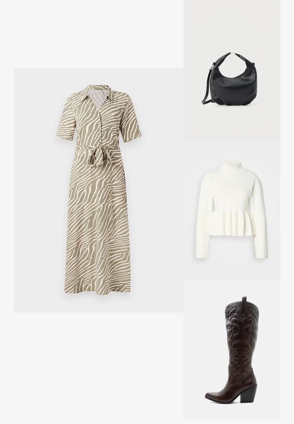 T-shirt en blanc à manches longues avec un col montant et un ourlet peplum. Tissu doux et texturé avec un buste ajusté et une partie inférieure évasée.; Robe maxi en vert olive avec un motif à rayures ondulées beiges, manches courtes, fermeture à boutons sur le devant et une taille accentuée par un nœud. Texture de tissu lisse.; Botte de cowboy haute en cuir marron foncé avec motifs décoratifs cousus, bout pointu et talon bloc empilé.; Sac à main en cuir tressé noir avec poignée courte et bandoulière amovible, présenté sur un fond clair uni.