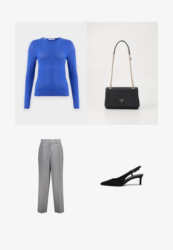 Sininen neulottu pitkähihainen neuletakki, jossa on tekstuurikuvio, pyöreä pääntie ja ribbaushelma, omaa slim fit -muotoilun.; Harmaat raidalliset housut, joissa on muotoiltu istuvuus, suora lahjemuotoilu, sivutaskut ja teksturoitu kangas.; Mustasudet slingback-kengät, joissa on terävä kärki, matala korko, avoin sivu ja säädettävä hihna metallisoljella. Sileä pinta.; Musta tekonahkainen käsilaukku, jossa on läppämalli, kultainen ketjusanka ja kolmiomainen logoyksityiskohta. Sileä pinta ja jämäkkä muoto.
