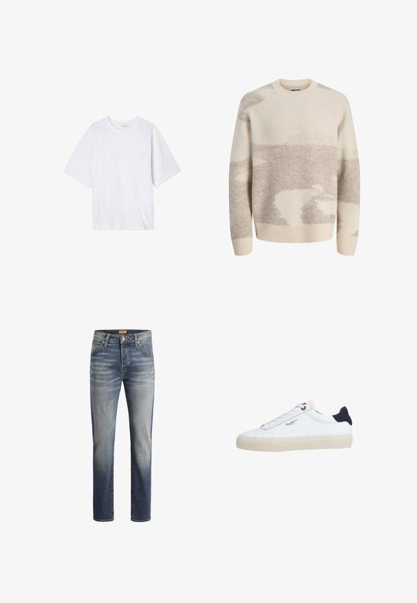 Kreemjas ja helehall mustriline villane kampsun pikkade varrukatega, soonikkoes ümar kaelus, varrukasuu ja ääred, sildiga Jack & Jones.; Valge lühikeste varrukatega t-särk, mis on valmistatud pehmest kangast. Omab ümmargust kaelust ja lahedat lõiget koos sirge servaga. Ilma mustrite ja tarvikuteta.; Slim-fit teksad, mis on valmistatud denimkangast, kesk-sinise pesu, viie tasku ja õmblustel tikitud detailidega.; Valge madala säärega toss, beežide talladega, valgete paeltega, musta kandetükiga ja külje peal oleva "Pepe Jeans London" logo.