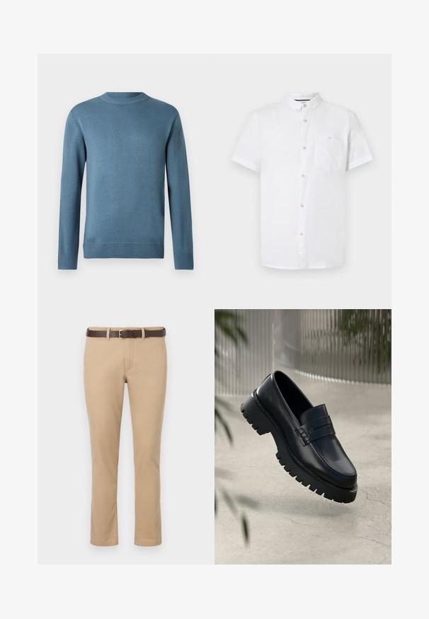 Suéter de punto de manga larga de cuello redondo en color azul, con puños, cuello y dobladillo acanalados, presentado sobre un fondo blanco liso.; Camisa blanca de manga corta hecha de algodón, con un collar tipo botón, un bolsillo delantero y detalles en botones de madera. Textura suave.; Pantalones caqui de corte recto, fabricados en algodón, con un cinturón de cuero marrón y una hebilla de plata. Textura suave, sin patrones.; Mocasines de cuero negro con suela gruesa, que presentan una correa decorativa y detalles de costura. Textura suave con un acabado pulido.