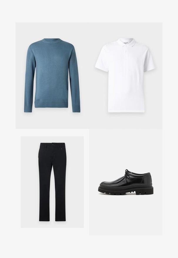 Blå crew neck langærmet striktrøje med ribbede manchetter, krave og kant, præsenteret mod en simpel hvid baggrund.; Hvid polo skjorte med en klassisk krave, to-knaps placket, korte ærmer og et lille logo på brystet. Lavet af glat stof.; Sorte bomuldsbukser med lige snit, der har knap- og lynlåsclosure, fem lommer og diskrete syninger.; Sorte læder derby-sko med et strømlinet design, rund tå og struktureret gummisål med dybe riller for bedre greb.