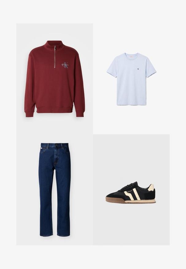 Sweatshirt bordeaux à fermeture éclair quart, fabriqué en tissu doux, doté de manches longues, de poignets côtelés et d'un logo sur la poitrine.; T-shirt uni bleu clair à manches courtes et col rond avec petit logo noir "cK" sur le côté gauche de la poitrine.; Jean droit bleu foncé en denim, avec un design classique à cinq poches, des coutures discrètes et une fermeture avant à boutons.; Sneakers en suédine noire avec des accents beige, dotées d'une semelle en caoutchouc, de lacets plats et d'un design élégant à rayures sur les côtés.