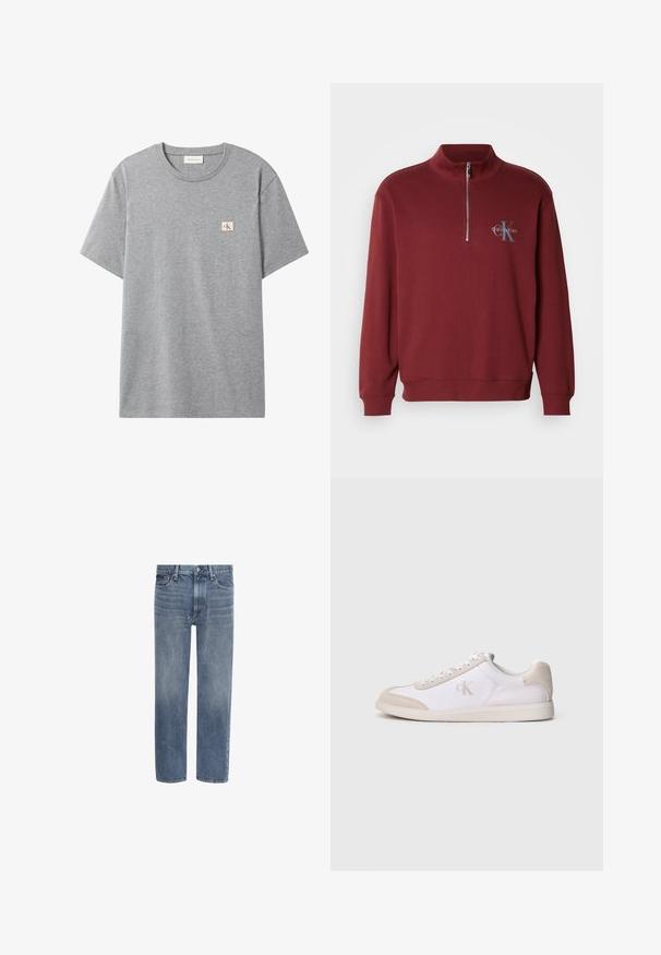 Burgunderfarbener Sweatshirt mit Viertelreißverschluss aus weichem Material, mit langen Ärmeln, gerippten Bündchen und einem Logodetail auf der Brust.; Graues kurzärmeliges Baumwoll-T-Shirt mit Rundhals und kleinem weißem quadratischem Aufnäher mit roten CK-Buchstaben auf der linken Brust.; Gerade geschnittene blaue Denim-Jeans mit Vordertaschen, Gürtelschlaufen und Knopfverschluss.; Weißer und beiger Sneaker mit niedriger Schnittform, Schnürverschluss, Wildlederakzenten und „cK“-Logo an der Seite, im Profil vor einfarbigem Hintergrund gezeigt.