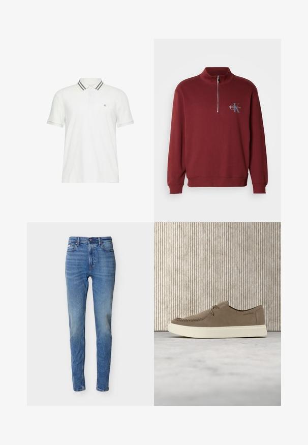 Sweatshirt bordeaux à fermeture éclair quart, fabriqué en tissu doux, doté de manches longues, de poignets côtelés et d'un logo sur la poitrine.; Polo blanc à manches courtes avec col rayé gris et petit logo "cK" sur la poitrine gauche.; Jean slim taille haute bleu moyen avec bouton et fermeture éclair à l'avant, design à cinq poches, et légère décoloration sur les cuisses et les genoux.; Chaussure décontractée en daim marron clair à lacets avec semelle blanche flottant au-dessus d'un tapis beige et d'une table en bois marron en arrière-plan.