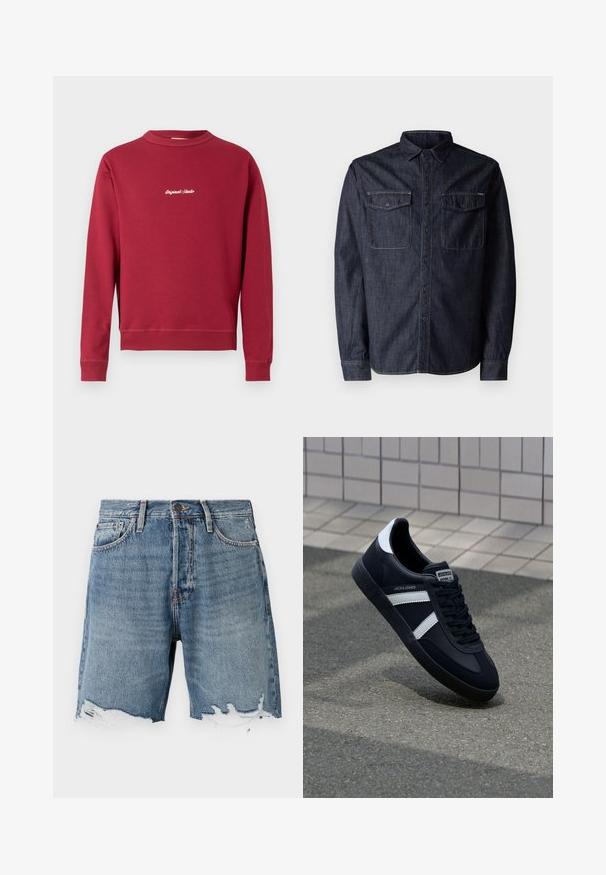 Bordeaux sweatshirt lavet af en bomuldsblanding med rund hals, ribbede manschetter og nederste kant. Har hvidt broderet tekst "Original Studio" på forsiden.; Replay Skjorter - dark blue; Lys blå denimshorts med en slidt kant, fem-lomme design og synlig syning. Har en knaplukning i taljen.; Sort lædersneaker med hvide striber, tekstureret gummisål og snørrebånd foran. Har et brandet mærke på tungen.