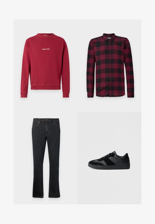 Bordeaux sweatshirt lavet af en bomuldsblanding med rund hals, ribbede manschetter og nederste kant. Har hvidt broderet tekst "Original Studio" på forsiden.; Langærmet skjorte med knaplukning i rød- og sortternet mønster, klassisk krave og tætsiddende manchetter.; Mørkeblå denim jeans med lige pasform, der har fem lommer, kontrastsyninger og en let udvidelse ved kanten.; Sorte sneakers med en kombination af glat læder og ruskind, med en tekstureret sort gummisål og subtil stripingdetalje.