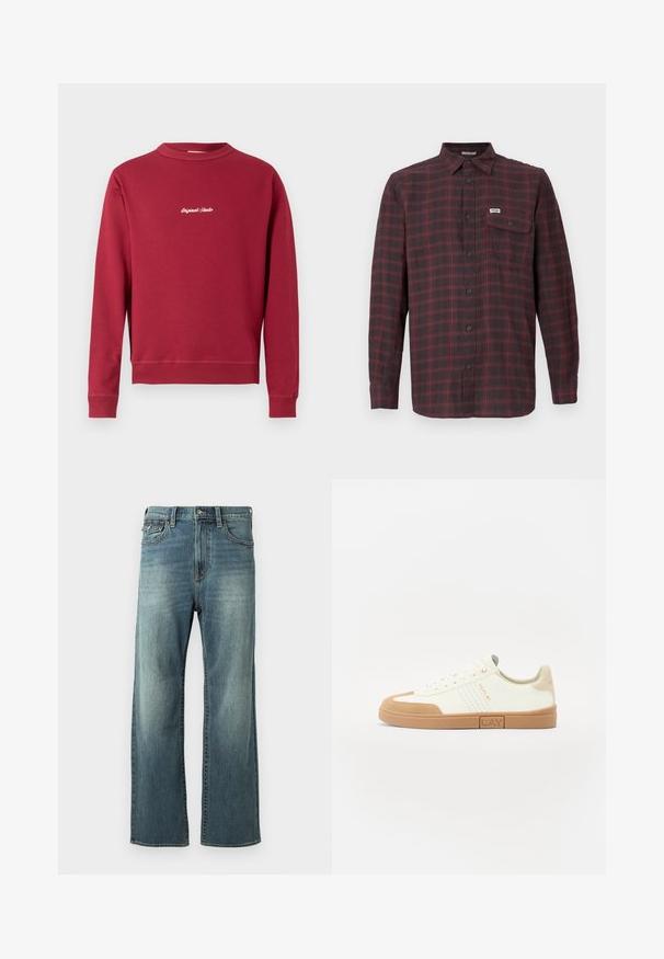 Sweatshirt bordeaux en mélange de coton avec un col rond, des poignets et un ourlet côtelés. Présente un texte brodé blanc "Original Studio" sur le devant.; Chemise à manches longues à carreaux rouge foncé et noir, fabriquée en tissu tissé, dotée d'un col à rabat et d'une poche avant.; Jeans en denim bleu clair avec une coupe droite, un léger délavage, cinq poches et des passants de ceinture. Comprend des accents de couture et une fermeture à bouton.; Baskets blanches avec des accents en daim beige, bout rond, panneaux latéraux perforés, design à lacets, et une semelle en caoutchouc avec une étiquette de marque.