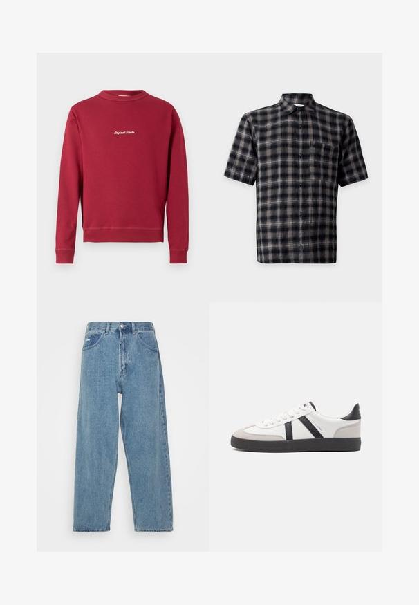Bordeaux sweatshirt lavet af en bomuldsblanding med rund hals, ribbede manschetter og nederste kant. Har hvidt broderet tekst "Original Studio" på forsiden.; Sort og grå kortærmet ternet skjorte med knapper foran, brystlomme og klassisk krave på hvid baggrund.; Lyseblå denim jeans med høj talje og afslappet pasform, der har to forlommer, en baglomme og knaplukning.; Hvide sneakers med sorte og grå detaljer, med en tekstureret grå tåhætte, sort gummisål og flade hvide snørebånd. Rent design, minimalistisk stil.