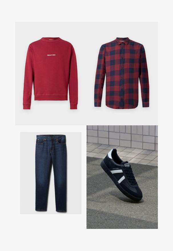 Burgunderfarbener Sweatshirt aus Baumwollmischung mit Rundhalsausschnitt, gerippten Bündchen und Saum. Auf der Vorderseite befindet sich der weiße gestickte Text "Original Studio".; Rot-kariertes Langarmhemd in Marineblau mit Button-Down-Kragen und dunklen Knöpfen. Hergestellt aus leichtem Stoff mit glatter Textur.; Dunkelblaue Slim-Fit-Jeans aus Denim mit leichtem Verblassen an den vorderen Oberschenkeln, Kupferriegeln und klassischem Fünf-Taschen-Stil, flach auf weißem Hintergrund ausgelegt.; Schwarze Leder-Sneaker mit weißen Streifen, strukturiertem Gummisohle und Schnürung. Verfügt über ein Markenetikett auf der Zunge.