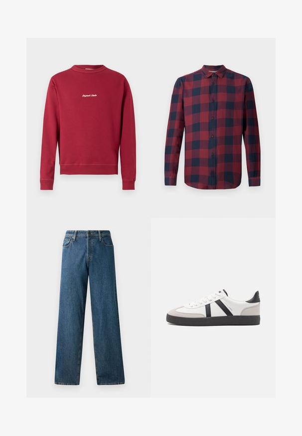 Bordeaux sweatshirt lavet af en bomuldsblanding med rund hals, ribbede manschetter og nederste kant. Har hvidt broderet tekst "Original Studio" på forsiden.; Rød og marineblå plaid langærmet skjorte med nedfoldet krave og mørke knapper. Lavet af letvægtsstof med en glat tekstur.; Mørkeblå denimjeans med en afslappet pasform, lige ben, fem lommer og kontrasterende syninger. Har en frontknap og lynlås lukning.; Hvide sneakers med sorte og grå detaljer, med en tekstureret grå tåhætte, sort gummisål og flade hvide snørebånd. Rent design, minimalistisk stil.