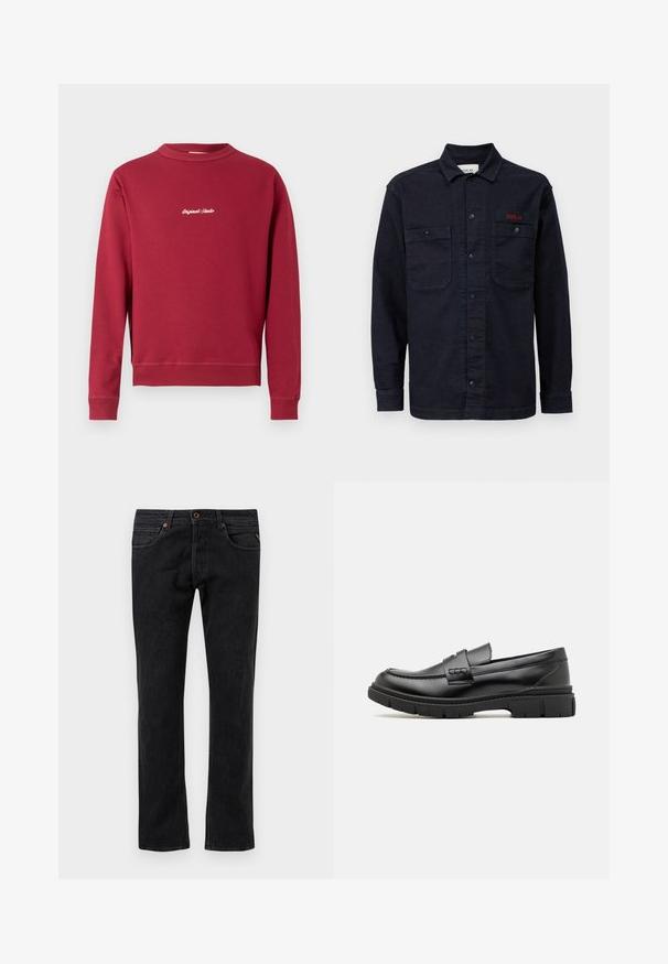 Bordeaux sweatshirt lavet af en bomuldsblanding med rund hals, ribbede manschetter og nederste kant. Har hvidt broderet tekst "Original Studio" på forsiden.; Mørkeblå denimskjorte med lange ærmer, knaplukning foran, to brystlommer og et lille rødt "REPLAY" logo på den venstre lomme.; Sorte denim jeans med et lige ben-design, der har fem lommer, diskret slidmærker og orange syninger som detaljer.; Sort læder loafersko med en bred rem over forfoden, gummisål med tykke mønstre og glat overflade. Klassisk, slankt design.
