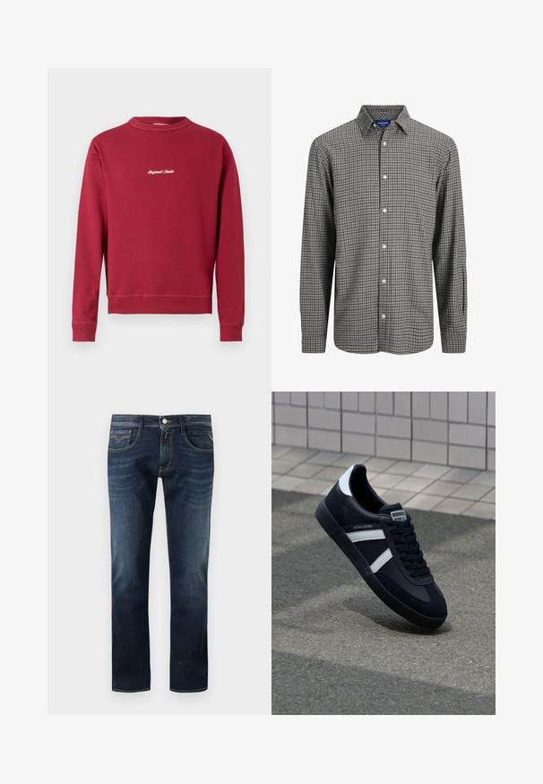 Burgunderfarbener Sweatshirt aus Baumwollmischung mit Rundhalsausschnitt, gerippten Bündchen und Saum. Auf der Vorderseite befindet sich der weiße gestickte Text "Original Studio".; Kariertes Hemd in Schwarz und Weiß mit einem spitzen Kragen, langen Ärmeln und geradem Saum.; Dunkelblaue Jeans aus Denim mit einem klassischen geraden Bein Design, ausgestattet mit fünf Taschen, einem Knopfverschluss vorne und dezenten Steppnähten.; Schwarze Leder-Sneaker mit weißen Streifen, strukturiertem Gummisohle und Schnürung. Verfügt über ein Markenetikett auf der Zunge.