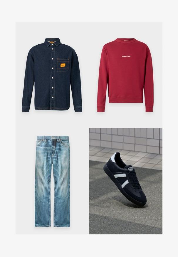 Bordeaux sweatvest van een katoenmix met een ronde hals, ribgebreide manchetten en onderrand. Voorzien van witte geborduurde tekst "Original Studio" op de voorkant.; Donkerblauwe denim shirt met button-down kraag, oranje label op de borstzak en witte knopen. Zachte textuur met contrasterende stikseldetails.; Lichtblauwe verouderde spijkerbroek met rechte pijpen, voorzakken, riemlussen en een knoopsluiting.; Zwarte leren sneaker met witte strepen, een gestructureerde rubberen zool en vetersluiting aan de voorkant. Voorzien van een merklabel op de tong.