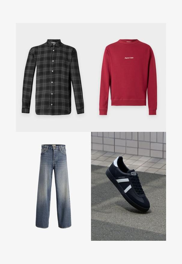 Sweatshirt bordeaux en mélange de coton avec un col rond, des poignets et un ourlet côtelés. Présente un texte brodé blanc "Original Studio" sur le devant.; Chemise à carreaux noir et blanc à boutons. Manches longues, col et fermeture à cinq boutons à l'avant. Tissu doux avec une texture lisse et coupe régulière.; Jean large bleu clair en denim. Doté d'une taille haute, d'un fermeture à boutons et d'un dégradé subtil avec une texture lisse et des coutures surpiquées.; Sneaker en cuir noir avec des rayures blanches, semelle en caoutchouc texturée et devant à lacets. Présente une étiquette de marque sur la languette.