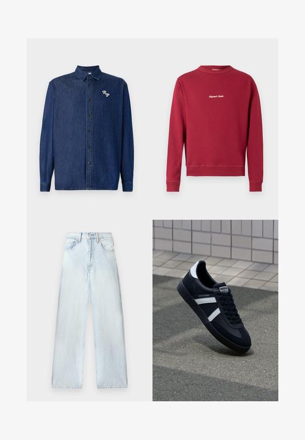 Bordeaux sweatshirt lavet af en bomuldsblanding med rund hals, ribbede manschetter og nederste kant. Har hvidt broderet tekst "Original Studio" på forsiden.; Mørkeblå denimskjorte med knappelukning foran, lange ærmer og spids krave. Har en hvid broderet "RP"-logo.; Lysblå denimbukser med løst fit, høj talje, fem-lomme design og lige ben. Fadede teksturer med synlige sømdetaljer.; Sort lædersneaker med hvide striber, tekstureret gummisål og snørrebånd foran. Har et brandet mærke på tungen.