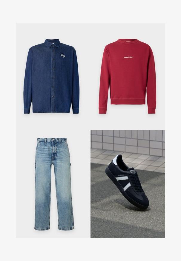 Bordeaux sweatshirt lavet af en bomuldsblanding med rund hals, ribbede manschetter og nederste kant. Har hvidt broderet tekst "Original Studio" på forsiden.; Mørkeblå denimskjorte med knappelukning foran, lange ærmer og spids krave. Har en hvid broderet "RP"-logo.; Lysblå denimjeans med en afslappet pasform, lige ben, falmet tekstur og fem lommer. Har en talje med bæltestropper og syninger som dekoration.; Sort lædersneaker med hvide striber, tekstureret gummisål og snørrebånd foran. Har et brandet mærke på tungen.