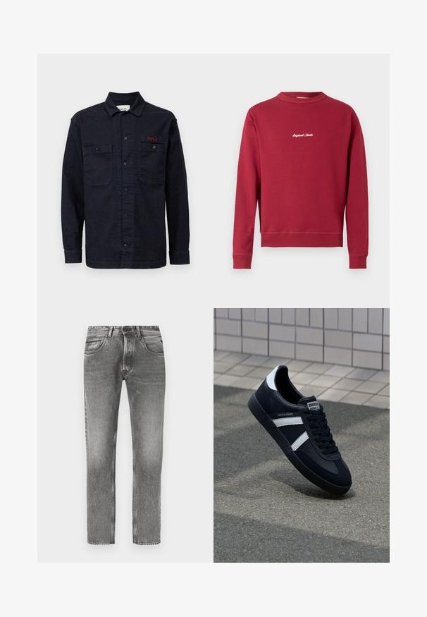 Bordeaux sweatshirt lavet af en bomuldsblanding med rund hals, ribbede manschetter og nederste kant. Har hvidt broderet tekst "Original Studio" på forsiden.; Mørkeblå denimskjorte med lange ærmer, knaplukning foran, to brystlommer og et lille rødt "REPLAY" logo på den venstre lomme.; Grå denimjeans med et lige bensnit, med en falmet finish, fem lommer, bæltestropper og kontrasterende syningsdetaljer.; Sort lædersneaker med hvide striber, tekstureret gummisål og snørrebånd foran. Har et brandet mærke på tungen.