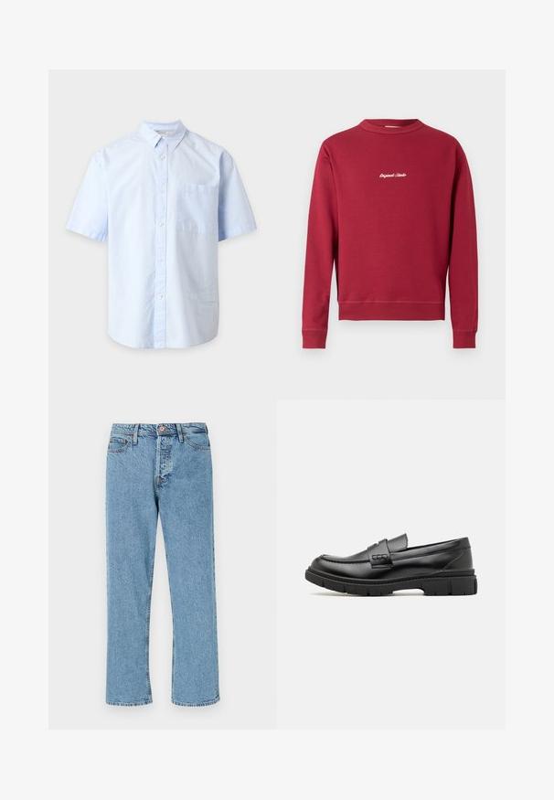 Sweatshirt bordeaux en mélange de coton avec un col rond, des poignets et un ourlet côtelés. Présente un texte brodé blanc "Original Studio" sur le devant.; Chemise bleu clair à manches courtes avec col et poche poitrine, présentée sur un fond gris clair uni.; Jean en denim droit bleu clair avec bouton à l'avant, fermeture éclair et design à cinq poches sur fond blanc uni.; Mocassin en cuir noir avec une large sangle sur le devant, semelle en caoutchouc à épaisse rainure, et texture lisse. Design classique et élégant.