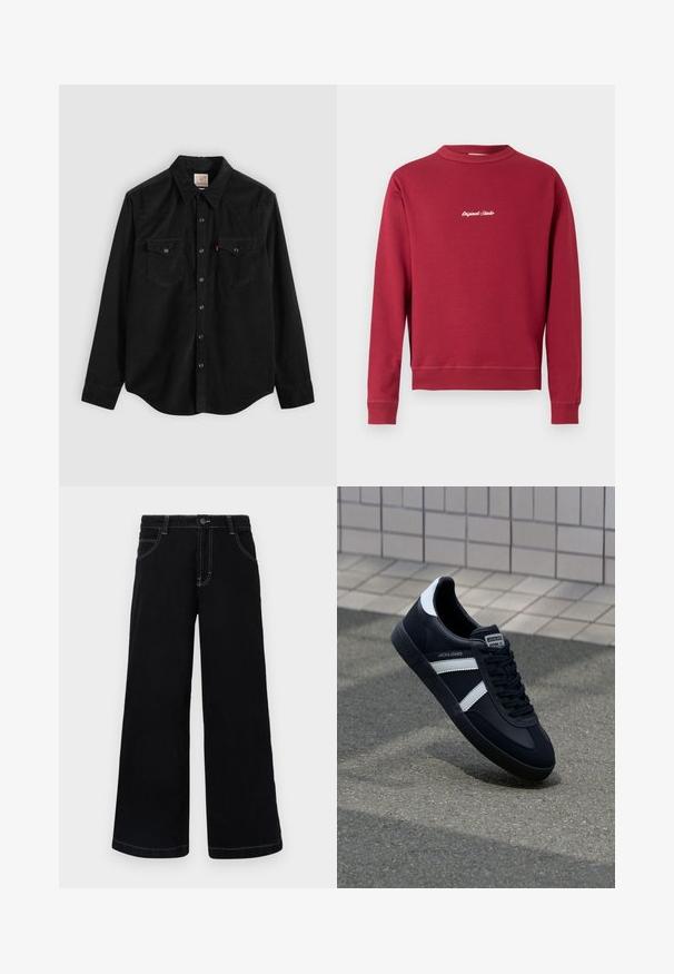Bordeaux sweatvest van een katoenmix met een ronde hals, ribgebreide manchetten en onderrand. Voorzien van witte geborduurde tekst "Original Studio" op de voorkant.; Zwart corduroy overhemd met lange mouwen, knoopsluiting, twee borstzakken en een puntige kraag. Geweven stof met een gladde afwerking.; Zwarte wijde spijkerbroek met knoopsluiting, vijf zakken en contrasterende witte stiksels langs de naden.; Zwarte leren sneaker met witte strepen, een gestructureerde rubberen zool en vetersluiting aan de voorkant. Voorzien van een merklabel op de tong.