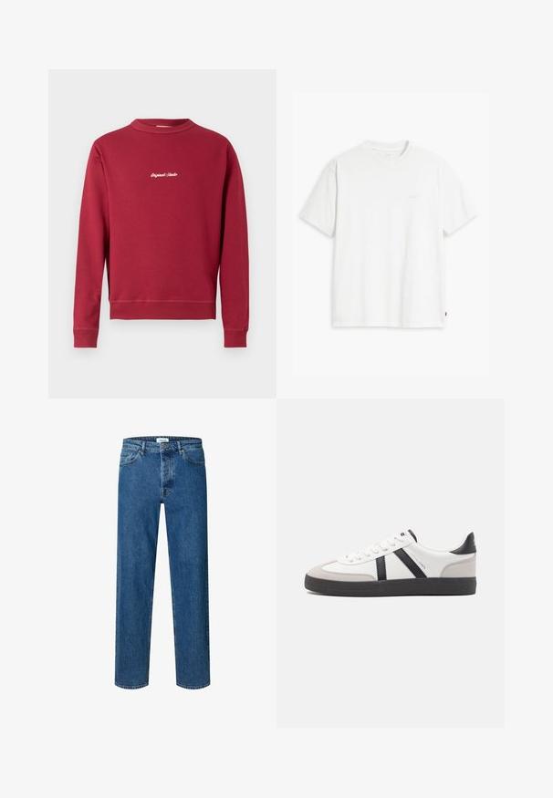 Bordeaux sweatshirt lavet af en bomuldsblanding med rund hals, ribbede manschetter og nederste kant. Har hvidt broderet tekst "Original Studio" på forsiden.; Hvid t-shirt i bomuld med korte ærmer, rund halsudskæring og en diskret "Levi's"-logo trykt i lyse farver på forsiden.; Blå straight-leg denim jeans med knap- og lynlåslukning, bæltestropper og fem-lomme-design.; Hvide sneakers med sorte og grå detaljer, med en tekstureret grå tåhætte, sort gummisål og flade hvide snørebånd. Rent design, minimalistisk stil.