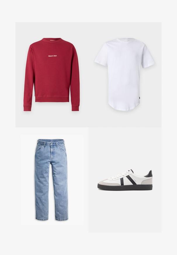 Sudadera burdeos de mezcla de algodón con cuello redondo, puños y bajo acanalados. Cuenta con texto bordado en blanco "Original Studio" en la parte delantera.; Camiseta blanca de manga corta hecha de algodón. Diseño de cuello redondo con dobladillo curvado. Etiqueta visible en el lado inferior izquierdo. Textura suave.; Vaqueros de mezclilla azul claro de pierna recta con cierre frontal de botón y cremallera, trabillas para cinturón y bolsillos delanteros inclinados.; Zapatilla blanca con acentos en negro y gris, que presenta una puntera texturizada en gris, suela de goma negra y cordones planos blancos. Diseño limpio, estilo minimalista.