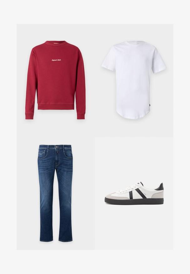 Burgunderfarbener Sweatshirt aus Baumwollmischung mit Rundhalsausschnitt, gerippten Bündchen und Saum. Auf der Vorderseite befindet sich der weiße gestickte Text "Original Studio".; Weißes T-Shirt mit kurzen Ärmeln aus Baumwolle. Rundhalsausschnitt mit abgerundetem Saum. Etikett auf der unteren linken Seite sichtbar. Glatte Textur.; Dunkelblaue Straight-Leg-Jeans mit vorderem Knopf, Reißverschluss und Fünf-Taschen-Design.; Weiße Sneaker mit schwarz- und grau-aczenten, ausgestattet mit einer strukturierten grauen Zehenkappe, schwarzer Gummi-Sohle und flachen weißen Schnürsenkeln. Sauberes Design, minimalistische Stil.